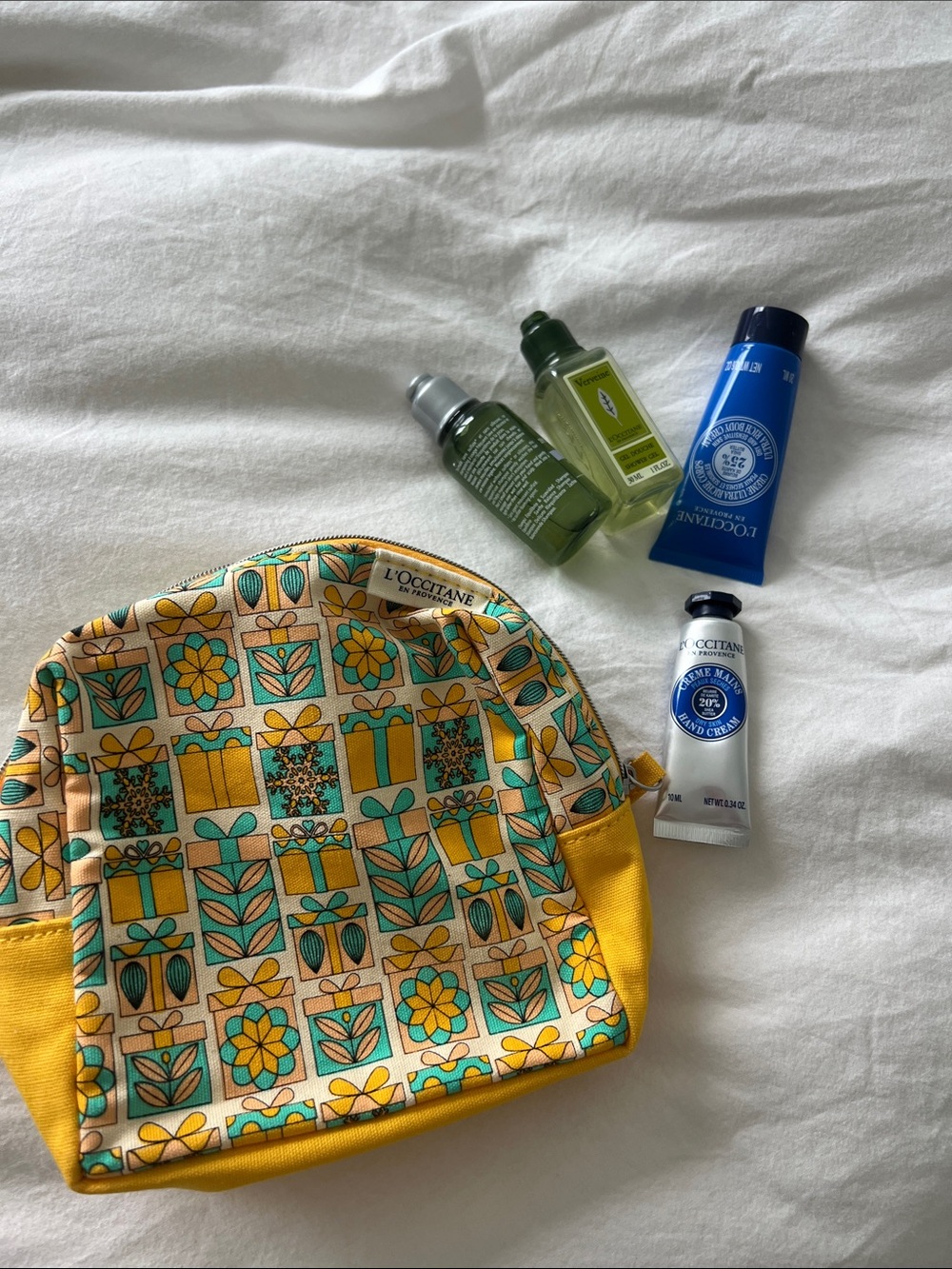 L'Occitane Yellow Floral Cosmetic Pouch with Hand Creams